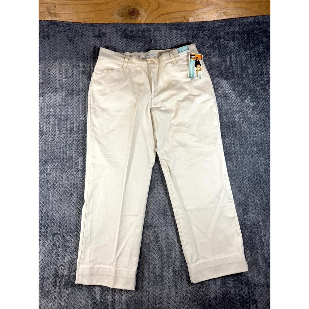 Lee Cropped Pants Womens 16S Short Beige Relaxed Fit Plain Front Straight Leg
